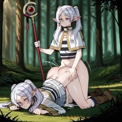 1futa 1girl1futa 1girls anal anal_sex ass clone cum cum_in_ass cum_inside doggy_style dominant dominant_futa domination doppelganger earrings elf elf_ears forced forest frieren frieren_beyond_journey's_end futa_on_female futanari green_eyes holding_staff huge_cock long_hair mind_break outdoors pointy_ears raped_by_futa raped_female sex_from_behind skirt striped_shirt sunlight twintails white_capelet white_hair