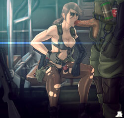 1boy 1girls bikini blue_eyes breasts brown_hair cleavage explosive faceless_male facepaint fellatio female front-tie_bikini front-tie_top grenade gun highres holster long_hair male_focus metal_gear_solid metal_gear_solid_v mismatched_gloves open_fly oral pantyhose penis planted_weapon ponytail pumpkinsinclair quiet_(metal_gear) rifle sex single_elbow_glove sitting sniper_rifle soldier straight suspenders swimsuit thigh_holster tied_hair torn_clothes torn_pantyhose uncensored unzipped weapon