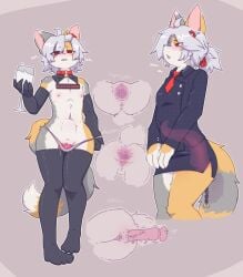 2026 2d 2d_(artwork) 2d_artwork 4_fingers 4_toes anal anthro anus arcanis_(hahaluckyme) ass belly belly_bulge belly_button blush blush_face blush_lines blushed_face blushing blushing_female bulge cat_ears collar cup dense_ink english_text feline female female_focus female_only flat_chest fur furry glass glass_cup hair hair_ornament hair_ribbon liquid looking_away looking_back_at_viewer looking_pleasured multicolored_fur open_mouth panties pussy pussy_juice sex_toy sex_toy_in_ass sex_toy_insertion silver_hair simple_background sweat sweatdrop tail text thighhighs thighs uniform x-ray