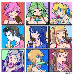 6+girls 9girls akairiot animal_crossing animal_crossing_girl banana beer between_breasts bikini_top black_hair blonde_hair blue_eyes brown_eyes brown_hair circlet cleavage crossover crown donut earrings elf female female_only fire_emblem fire_emblem_awakening flower food food_between_breasts fully_clothed green_eyes green_hair grey_hair hair_flower hair_ornament human ice_cream kid_icarus large_breasts licking licking_banana licking_ice_cream licking_lips long_hair lucina_(fire_emblem) mario_(series) medium_breasts metroid mouth_hold multiple_girls nintendo open_mouth oral_insinuation palutena pink_hair pointy_ears ponytail popsicle princess_peach princess_rosalina princess_zelda robin_(fire_emblem) robin_(fire_emblem)_(female) samus_aran sexually_suggestive short_hair smile sunglasses super_smash_bros. super_smash_bros._for_nintendo_3ds_and_wii_u the_legend_of_zelda tied_hair tongue tongue_out twintails villager_(animal_crossing) white_skin wii_fit wii_fit_trainer wink year_request zelda_(twilight_princess)