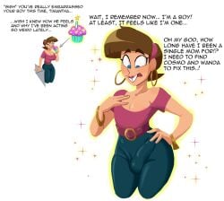 big_ass big_breasts blank_background brown_hair buckteeth bulge bulge_through_clothing console ddunnhier1 dialogue eating english_text ftm_transformation gearthefae genderswap_(mtf) hoop_earrings milf mom_jeans nickelodeon pearl_necklace rule_63 surprised text the_fairly_oddparents timantha timmy_turner