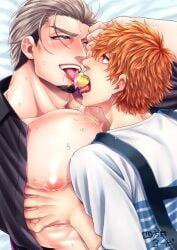 2boys abs age_difference artist_name bangs bara bare_breasts beard bed beefy big_areola big_nipples blush breasts breasts_bigger_than_head candy daddy dilf drooling duo eyelashes gay goatee grabbing grabbing_breasts half-closed_eyes hi_res huge_breasts huge_nipples hunk light_skin lollipop looking_at_another lying lying_on_back lying_on_bed lying_on_person lying_on_stomach male male_breasts male_only manly mature_male moobs muscles muscular muscular_arms muscular_male narrowed_eyes no_body_hair no_visible_genitalia open_clothes oppai orange_hair original original_character pecs pink_nipples saliva saliva_trail seductive short_hair silver_hair size_difference slicked_back_hair squeezing squeezing_breast suspenders sweat sweatdrop thick tongue_out tough_guy yaoi yomotsuki_road
