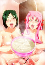 2futas ballsack bar_censor blush bowl breasts censored cum cum_in_bowl cum_in_container curvy erection foreskin fully_retracted_foreskin futa_only futanari green_eyes green_hair heart-shaped_pupils huge_breasts human intact large_penis long_foreskin long_hair looking_at_viewer nude open_mouth original penis pink_hair scar scrotum shaved_crotch short_hair smile sweat symbol-shaped_pupils taroro tattoo uncut unretracted_foreskin veiny_penis wide_hips