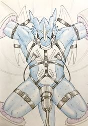 2018 anthro blue_skin bondage bound bound_wings breast_milking closed_eyes digimon dragon exveemon gag gagged hi_res horn lactation male male_only markings membranous_wings muzzle_(object) muzzled nude penis penis_milking scalie solo sweat traditional_media_(artwork) wings zazpihuts