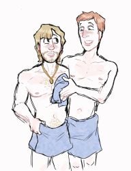 2boys after_bath after_bathing after_shower bathing blonde-haired_male blonde_hair blue_eyes brown_eyes chest chest_hair confused digital_drawing_(artwork) digital_media_(artwork) duo duo_focus earring earrings facial_hair ginger ginger_hair ginger_male happy happy_male happy_trail innocent innocent_expression intellectual_disability male male_focus male_only mental_disability mr_shrink necklace original original_characters partially_colored pubic_hair red_hair redhead_male scar single_earring smiling smiling_male suprised_expression surprised towel towel_around_waist towel_on_chest towel_only towel_wrap toweling_off unsure white_background wide_eyed williams_syndrome wiping_chest