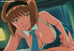 ai_generated alluring bedroom blonde_hair bra_pull breasts_out deik0 green_eyes handjob hell_teacher_nube indoors jigoku_sensei_nube large_breasts looking_at_viewer miki_hosokawa necktie necktie_between_breasts parted_lips pov short_hair smile
