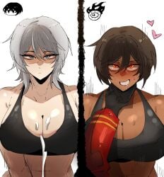2boy 2d 2d_(artwork) 2d_artwork 2girls arczaeon brown_hair brown_hair_female choking color colored cum cum_on_breasts dante_(limbus_company) dark-skinned_female dark-skinned_male dark_skin disappointed faust_(limbus_company) heart_eyes light-skinned_female limbus_company outis_(limbus_company) pov pov_male project_moon white_hair white_hair_female yi_sang_(limbus_company)
