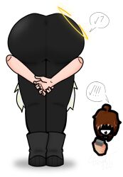 ! !!! 1boy 1girls 2026 2d 2d_(artwork) ? alif's_universe amen_pose ass ass_focus big_ass big_butt brown_hair clothed faceless_(alif's_universe) female gavri_(alif's_universe) halo male married_couple original original_character peatv phone phone_in_hand praise_da_booty_(meme) rear_view smile speech_bubble tanuki220 thick_ass thick_thighs white_hair