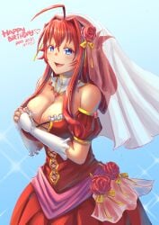 2021 ahoge aqua_background arkfield artist_name bare_shoulders big_breasts birthday blue_eyes blush breasts bridal_gauntlets bridal_veil cleavage cross-laced_clothes detached_collar detached_sleeves dress female flower folded_ponytail frills gem gloves happy_birthday heart high_school_dxd highres large_breasts light_blush looking_at_viewer open_mouth ponytail red_dress red_flower red_gem red_hair red_rose rias_gremory ribbon rose sash sidelocks smile sparkle tareme veil wedding_dress yellow_ribbon
