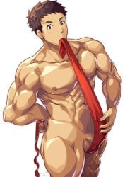 1boy 2021 abs artist_signature balls balls_peek balls_under_clothes beefy biceps biting biting_clothes black_eyes broad_shoulders brown_hair bulge bulge_through_clothing collarbone convenient_censoring dated eight_pack flaccid fundoshi fundoshi_only gay hand_on_penis hi_res high-angle_view hunk looking_down male male_only manly mature_male muscles muscular muscular_arms muscular_legs muscular_male muscular_neck muscular_thighs navel no_body_hair nude original original_character pecs practically_nude putting_clothes_on quadriceps red_fundoshi robronx35498_(pixivid=35498) rokushaku_fundoshi short_hair six_pack solo standing tying tying_fundoshi white_background yaoi