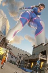 1girls 2girls 3d 3d_(artwork) asian asian_female blizzard_entertainment brown_hair brown_hair_female brunette_female brunette_hair cheek_markings clothed clothed_female d.va giantess giga_giantess hana_song juno_(overwatch) korean korean_female light-skinned_female light_skin overwatch overwatch_2 scrag_boy_(model) scrag_d.va tanqian6918 thick_thighs thighs worms-eye_view