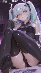 2d :3 ai ai-created ai_art ai_assisted ai_generated aqua_hair ass bangs bare_shoulders bed bedroom black_clothes black_clothing black_leotard black_panties black_shirt black_skirt blue_hair blush bowtie breasts cameltoe closed_mouth clothed clothed_female clothing detached_sleeves eyebrows_visible_through_hair facepaint facial_mark facial_tattoo feet feet_focus female female_focus female_only foot_fetish foot_focus from_below fur_trim ghost_girl ghost_miku_(project_voltage) hair_between_eyes hair_ornament hand_up hatsune_miku hatsune_miku_(ghost-type_trainer) heart heart-shaped_pupils hi_res high_quality high_resolution highres indoors knees_together_feet_apart knees_up legs legs_together legwear leotard light-skinned_female light_skin long_hair long_sleeves looking_at_viewer medium_breasts miku_hatsune nail_polish necktie no_shoes on_bed panties project_voltage shiny shiny_body shiny_clothes shiny_hair shiny_skin shiny_stockings sitting sitting_on_bed skirt small_breasts smile soles soles_focus solo solo_female solo_focus stockings sweat symbol-shaped_pupils tattoo thick thick_hips thick_legs thick_thighs thigh_highs thighhighs thighs twintails underwear upskirt v v_over_eye vianox vocaloid wet wet_body wet_clothes wet_clothing wet_hair wet_legwear wet_skin wet_stockings yellow_eyes