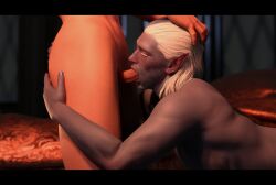 baldur's_gate_3 larian_studios 3d true_soul_nere tav_(baldur's_gate)_(male) tav_(baldur's_gate) interspecies drow male_drow dark_skin dark-skinned_male purple_skin white_hair elf male_elf elf_ears pointy_ears blush blushing blowjob cock_in_mouth on_knees hugging fellatio closed_eyes big_penis huge_cock balls veiny_penis veins homosexual gay gay_sex male_only head_grab curved_penis