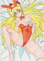 1girls bed big_breasts bishoujo_senshi_sailor_moon blonde_hair blue_eyes blush bow bowtie bunny bunny_ears bunny_girl bunny_outfit bunny_suit clothed clothing covering covering_breasts cuffs female female_only hands huge_breasts large_breasts leg_lift legs long_hair lying_down minako_aino rascal_(n119) shy solo spread spread_legs sweat thighs very_long_hair