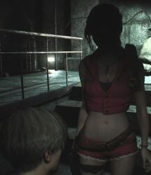 3d_model belly_button capcom claire_redfield claire_redfield_(jordan_mcewen) cleavage cleavage_cutout game_screenshot gameplay ingame ingame_model jean_shorts leon_scott_kennedy medium_breasts mod necklace provocative provocative_clothing resident_evil resident_evil_2 resident_evil_2_remake sexy_body sexy_female shadow shadowed_face shorts slim_waist thick_thighs tied_hair top video_game video_game_character video_games wide_hips