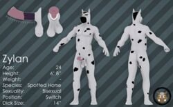 3d 5_fingers abs animal_genitalia anthro anthro_only ass balls biceps black_hair brown_eyes buzzcut equine hair horse humanoid_feet male male_only mammal model_sheet muscles pecs penis spots spotted_horse text thick_eyebrows v--r zylan