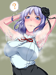 armpit_sex armpits blue_eyes blush breasts cum cum_on_body cum_on_upper_body dagashi_kashi erect_nipples female flower hair_flower hair_ornament hair_ribbon hairband highres kanta_(k_n_t_r_o) large_breasts looking_at_viewer purple_hair ribbon shidare_hotaru short_hair smell smile solo steam upper_body