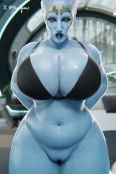 3d alien_girl asari assa_yere black_lipstick bottomless bra female female_only golden_accessories huge_breasts looking_at_viewer puffy_pussy solo thick_female yeetiques yellow_eyes