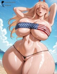 1female 1girls absurd_res ai_generated ambiguous_imagination american_flag american_flag_bikini areola areola_slip areolae bandeau bandeau_bikini bikini_bottom bimbo blonde_hair breasts chainsaw_man expressionless fat_ass fat_butt fat_mons fat_thighs female female_only g-string hands_behind_head hi_res horns huge_areolae huge_ass huge_breasts huge_butt huge_nipples huge_thighs large_areolae large_ass large_breasts large_butt large_thighs light-skinned_female looking_at_viewer partially_visible_vulva patreon_username power_(chainsaw_man) red_eyes serious solo sweat sweatdrop sweating sweaty sweaty_ass sweaty_body sweaty_breasts thick thick_ass thick_butt thick_hips thick_legs thick_thighs thong thong_bikini vulva yellow_eyes