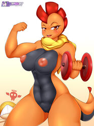 2015 ambiguous_gender anthro areolae black_skin blush breasts clothed clothes dumbbell english_text female half-dressed large_breasts looking_at_viewer mleonheart muscles muscular_female nintendo nipples nude orange_eyes orange_skin pokemon pokemorph pussy scarf scrafty scraggy smile standing sweat text thick_thighs topless wide_hips