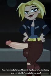 1futa 1girls ai_generated alien alien_girl balls bedroom big_balls big_penis caption cartoon_network clothed_futa dc dc_comics dc_super_hero_girls erection full_bladder full_bladder_sex futanari horny horny_futa imminent_sex kara_danvers kara_zor-el kryptonian looking_at_viewer mostly_clothed penis penis_out seductive smile supergirl testicles text warner_bros warner_brothers