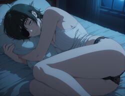 ai_generated black_panties chainsaw_man cleavage eye_patch fetal_position himeno_(chainsaw_man) hugging_pillow panties tank_top