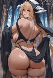 1girls ai_generated ass ass_focus azur_lane back backboob bare_shoulders black_gloves blonde_hair blurry_background blush breasts church clothes_lift clothing curvy detached_collar dress duxvector fake_horns female female_only from_behind gloves grin habit hair_between_eyes halo headdress horns huge_ass huge_breasts implacable_(azur_lane) indoors large_breasts legwear light-skinned_female lipstick long_bangs long_hair looking_at_viewer looking_back median_furrow nun nun_outfit parted_lips patreon_username pelvic_curtain pelvic_curtain_lift red_eyes red_lips revealing_clothes smile solo sweat thick_thighs thighhighs thighs thong veil very_long_hair web_address white_horns white_legwear white_thighhighs wide_hips wide_sleeves