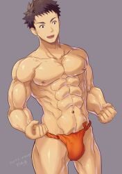 1boy 2021 abs artist_signature beefy biceps black_eyes broad_shoulders brown_hair bulge bulge_through_clothing clenched_hand collarbone confident dated eight_pack flaccid fundoshi fundoshi_only gay grey_background hi_res hunk laugh looking_down male male_only manly mature_male muscles muscular muscular_arms muscular_legs muscular_male muscular_neck muscular_thighs navel no_body_hair orange_fundoshi original original_character pecs pose quadriceps robronx35498_(pixivid=35498) rokushaku_fundoshi short_hair six_pack solo standing topless yaoi