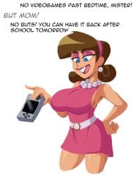 big_ass big_breasts blank_background brown_hair buckteeth console dialogue dress dunnhier1 dunnhierdraws english_text gearthefae genderswap_(mtf) nickelodeon pearl_necklace rule_63 text the_fairly_oddparents timantha timmy_turner