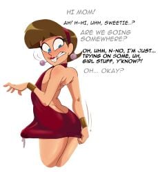 1male backless_outfit blank_background brown_hair buckteeth console crossdressing cum_stain dialogue dress dripping_cum dunnhier1 dunnhierdraws embarrassed english_text erection_under_clothes gearthefae genderswap_(mtf) looking_back nickelodeon pearl_necklace rule_63 short_hair slim_waist text the_fairly_oddparents timantha timmy_turner
