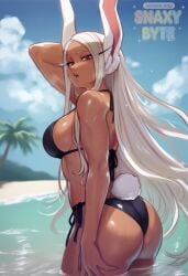 1girls ai_assisted ai_generated animal_ears arm_up ass bikini black_bikini breasts bunny_ears bunny_tail cloud dark_skin day female female_only large_breasts lips long_hair looking_at_viewer miruko my_hero_academia ocean outdoors parted_bangs parted_lips red_eyes side-tie_bikini sky snaxybyte solo standing swimsuit tail wading water wet white_hair
