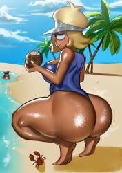 1girls ass background_character barefoot beach big_ass big_breasts blonde_hair blue_swimsuit breasts carol_kincaid coconut coconut_drink crab dat_ass drink feet female female_focus hair headwear holding_drink holding_object huge_ass mature mature_female mature_woman milf mother ok_k.o.!_let's_be_heroes one-piece_swimsuit short_hair smile solo_focus squatting sweat sweatdrop sweating sweaty sweaty_body swimsuit swimwear thick_thighs thighs tommyleev65 visor
