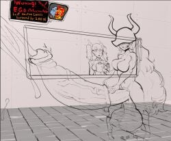 alyssa_(limbus_company) bull capote_ego_ishmeal clenched_teeth cock_shock computer_screen cum ego_corrosion_(project_moon) experiment futanari gameplay_mechanics horsecock hyper_balls hyper_penis ishmael_(limbus_company) laboratory limbus_company project_moon sassy_dolly
