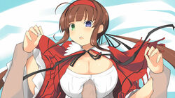 blue_eyes blush breasts brown_hair female green_eyes hairband heterochromia kyuchan large_breasts low_twintails open_mouth paizuri paizuri_under_clothes penis ryoubi_(senran_kagura) senran_kagura senran_kagura_(series) solo solo_focus tied_hair twintails