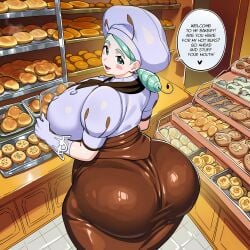 1girls 2026 ai_generated baker bakery big_ass big_breasts blush bread bubble_butt child_bearing_hips dat_ass dialogue dumptruck_ass fat_ass female female_only glissando green_eyes green_hair hair_ornament hat horny horny_female huge_ass huge_breasts hyper_breasts imminent_sex katy_(pokemon) looking_at_viewer looking_back looking_pleasured pokemon text thick_thighs thunder_thighs tight_clothing