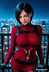 cum_on_clothes cum pantyhose solo breasts black_hair gloves closed_eyes cum_on_body night railing short_hair black_gloves sweater_dress sweater against_railing dress jewelry sweat patreon_username black_pantyhose belt cityscape red_sweater necklace red_dress red_lips large_breasts balcony cum_on_breasts makeup cowboy_shot holster shoulder_holster lips night_sky turtleneck_dress city black_belt artist_name patreon_logo standing long_sleeves closed_mouth lustboxai hi_res ai_generated capcom ada_wong resident_evil resident_evil_2 resident_evil_2_remake resident_evil_4 resident_evil_4_remake 1girls female