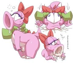 absurd_res anthro bedroom_eyes big_eyes birdo birdo_(character) blush blush_lines bodily_fluids bow_ribbon bubble claws comic cum cum_drip cum_in_mouth cum_inside diamond_(gem) dripping drunk drunk_bubble duo ejaculation eyelashes eyeshadow fellatio floating_hands forced forced_oral freckled_face freckles gem genital_fluids genitals gynomorph heart_symbol hi_res intersex intersex/male kekuronoa long_eyelashes looking_at_viewer looking_pleasured makeup male mario_(series) narrowed_eyes nintendo oral penile pink_body pink_skin purple_eyes ring_(jewelry) seductive sex signature simple_background slightly_chubby spikes spikes_(anatomy) substance_intoxication super_smash_bros. thick_thighs white_background wide_eyed wide_hips