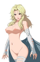 blonde_hair breasts cape cleavage elbow_gloves emma_frost eyeshadow female fingerless_gloves gloves highres large_breasts lipstick long_hair makeup mark_henry_bustamante marvel navel nipples nude parted_lips pussy red_eyes solo thighhighs uncensored x-men