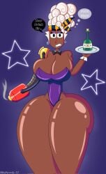 1girls annoyed annoyed_expression ass ass_bigger_than_head bandana bare_shoulder beer big_ass big_breasts black_bow black_bowtie boobs_bigger_than_head brawl_stars breasts brown_skin bunnysuit clothed curly_hair curvy dark-skinned_female dark_skin earrings english english_text female female_only legs looking_at_viewer maisie_(brawl_stars) no_visible_genitalia no_visible_nipples one-piece_suit purple_clothing purple_eyeshadow reflection reflective_skin robot_arm robotic_arm seductive simple_background slim_waist speech_bubble tatokam_5 thick thick_ass thick_legs thick_thighs thought_bubble twitter_link twitter_username waist waitress waitress_uniform white_hair