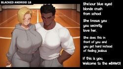 ai_generated android_18 animated blonde_hair blue_eyes cheating_wife crush cuckold dark-skinned_male dragon_ball_super dragon_ball_z dragonball_super interracial kissing netorare sportswear tagme video wide_hips