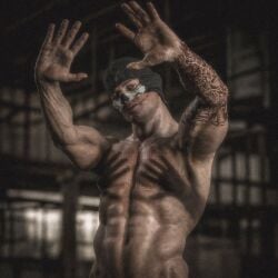 1boy 3d 3d_render activision bara big_muscles call_of_duty call_of_duty_modern_warfare_(2019) call_of_duty_modern_warfare_2_(2022) call_of_duty_modern_warfare_3_(2023) cod damysatelier gay ghost_(modern_warfare_2) hands_casting_shadow hands_in_air hands_up implied_nudity infinity_ward male_only meme meme_reference muscular muscular_male naked naked_male nude nude_male nudity reference shadow shadows simon_riley tattoo tattoo_on_arm tattoos trend veiny_muscles yaoi