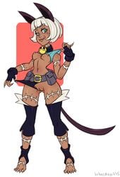 :p animal_ears barefoot bebecake belt blue_eyes breasts cat_ears cat_tail claws collar dark-skinned_female dark_skin fangs female fingerless_gloves gloves grin looking_at_viewer nadia_fortune navel nipples panties panties_aside pouch pussy scar shirt_lift skullgirls slit_pupils solo standing tail tongue tongue_out underwear white_hair