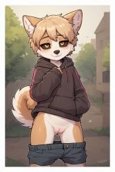 ai_generated anthro black_sclera blonde_hair brown_body cuntboy demon domestic_dog furry hoodie husky intersex male no_panties orange_eyes pussy shorts_down white_body young