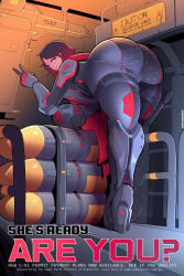 saladbearer helldivers helldivers_2 eagle-1_(helldivers) helldivers_(series) tight_clothing tight_clothes tight_pants bodysuit futuristic futuristic_clothing sci-fi armor armored_boots armored_female high_heels high_heel_boots red_eyes red_hair cape red_cape ass ass_focus huge_ass large_ass ass_up ass_bigger_than_head text caption captioned smug smug_face smug_grin bending_over bending_forward belt thighs thighs_bigger_than_head thick_thighs thick wide_hips wide_thighs huge_thighs long_legs skindentation military_uniform military highres high_resolution absurd_res absurdres