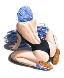 2d 2d_(artwork) arched_back ass_cheeks bare_ass bare_back bare_legs bare_shoulders bare_thighs bending_forward bending_over bent_over blue_hair chaesu cheeks fit fit_female hourglass_figure hourglass_figured_female kneeling kneeling_down kneeling_female long_hair minah one_piece_suit one_piece_swimsuit simple_background slim_waist sneakers stretched stretching tagme white_background wide_hips