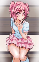 1girls absurd_res absurd_resolution absurdres bob_cut ddlc doki_doki_literature_club female female_only hair hair_ornament hi_res high_quality high_resolution highres looking_at_viewer natsuki_(doki_doki_literature_club) nisego pink_eyes pink_hair pink_skirt pretty_face pretty_girl questionable questionable_consent serenity_forge sfw shirt sitting skirt socks solo team_salvato thick_thighs thighs thinking twitter_link white_shirt white_socks x_hair_ornament x_link