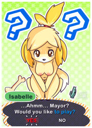 2015 ? alternate_breast_size animal_crossing anthro blonde_hair breasts brown_eyes canine english female from_above furry furry_only isabelle_(animal_crossing) kneeling looking_at_viewer navel nintendo nipples ponytail skajrzombie solo standing sweat tail tied_hair yellow_fur