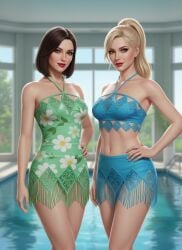 2girls ai_generated belly_button blonde_hair blue_clothing blurry_background bob_cut brunette_hair eyelashes floral_print gemini green_clothing hair_strand hand_on_hip hourglass_figure indoor_pool light-skinned_female lipstick midriff narrow_waist one_hand_on_hip outdoor_background ponytail poolside rgomez007 seductive_look self_upload skinny_female slender_body slight_smile slim_female standing summer_dress swimming_pool