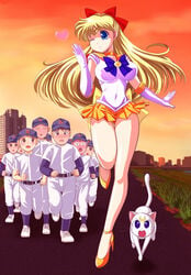 1girls artemis_(sailor_moon) baseball_uniform big_breasts bishoujo_senshi_sailor_moon blonde_hair blowing_kiss blue_eyes bow cat clothing female flying_kiss high_heels large_breasts long_hair magical_girl medium_breasts minako_aino multiple_boys pirochi running sailor_venus short_skirt skirt very_long_hair wink winking