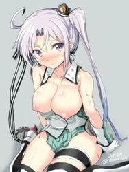 ahoge akitsushima_(kantai_collection) areolae blush breasts female gin'ichi_(akacia) heart-shaped_pupils kantai_collection lavender_hair long_hair looking_at_viewer nipple nipples photoshop puffy_nipples purple_eyes side_ponytail skirt solo symbol-shaped_pupils torn_clothes uniform